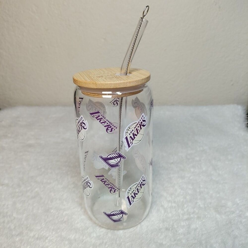 Glass Cups with Bamboo Lids and Glass Straw Can Shaped- Los Angeles Lakers Team